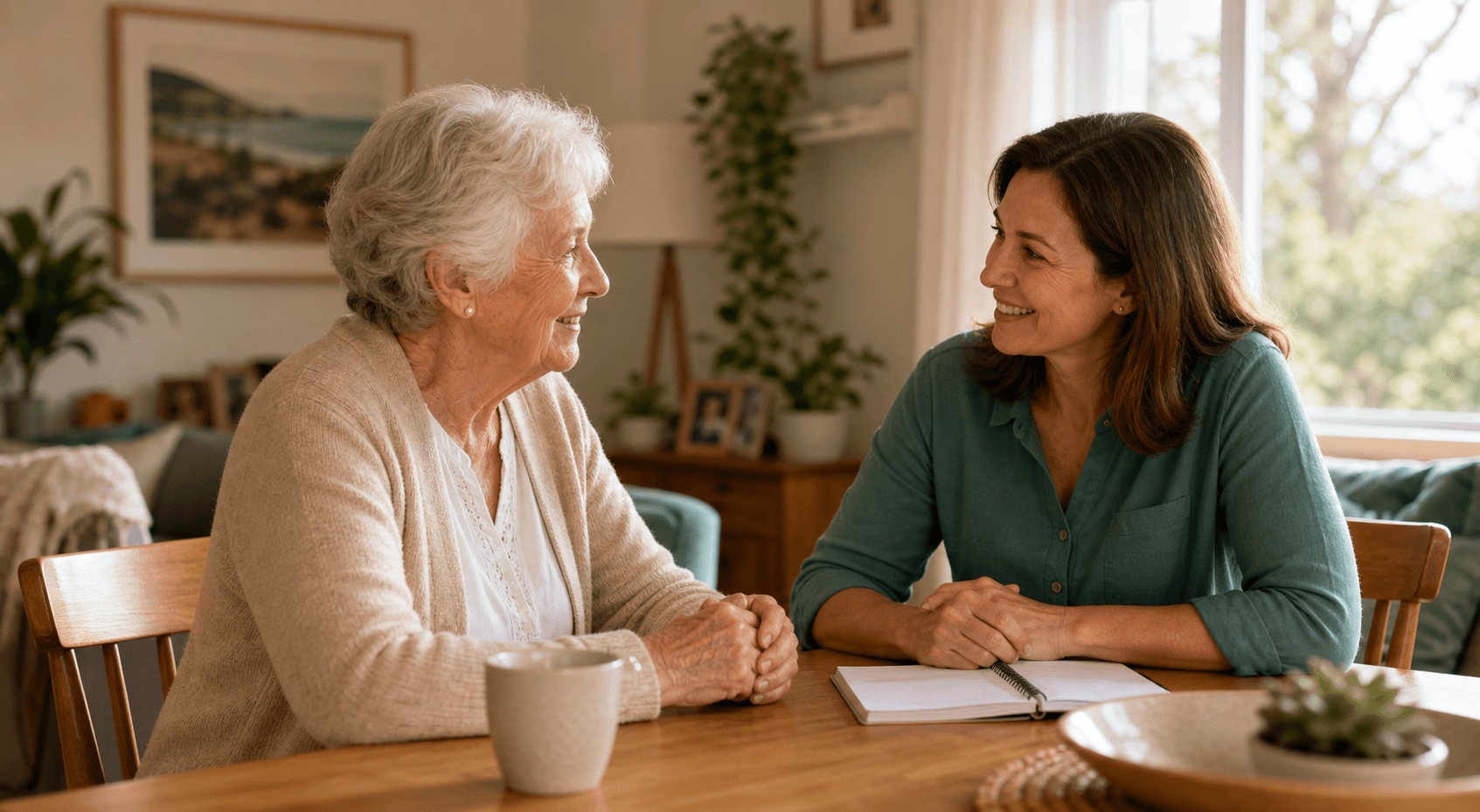 An older person having a calm care conversation at home