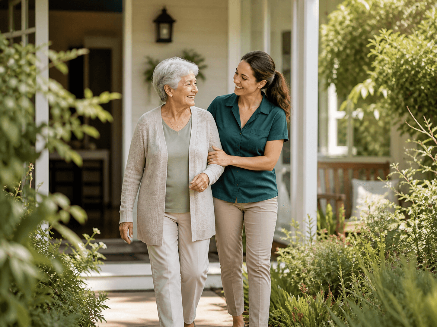 A support worker walking with an older person outside their home