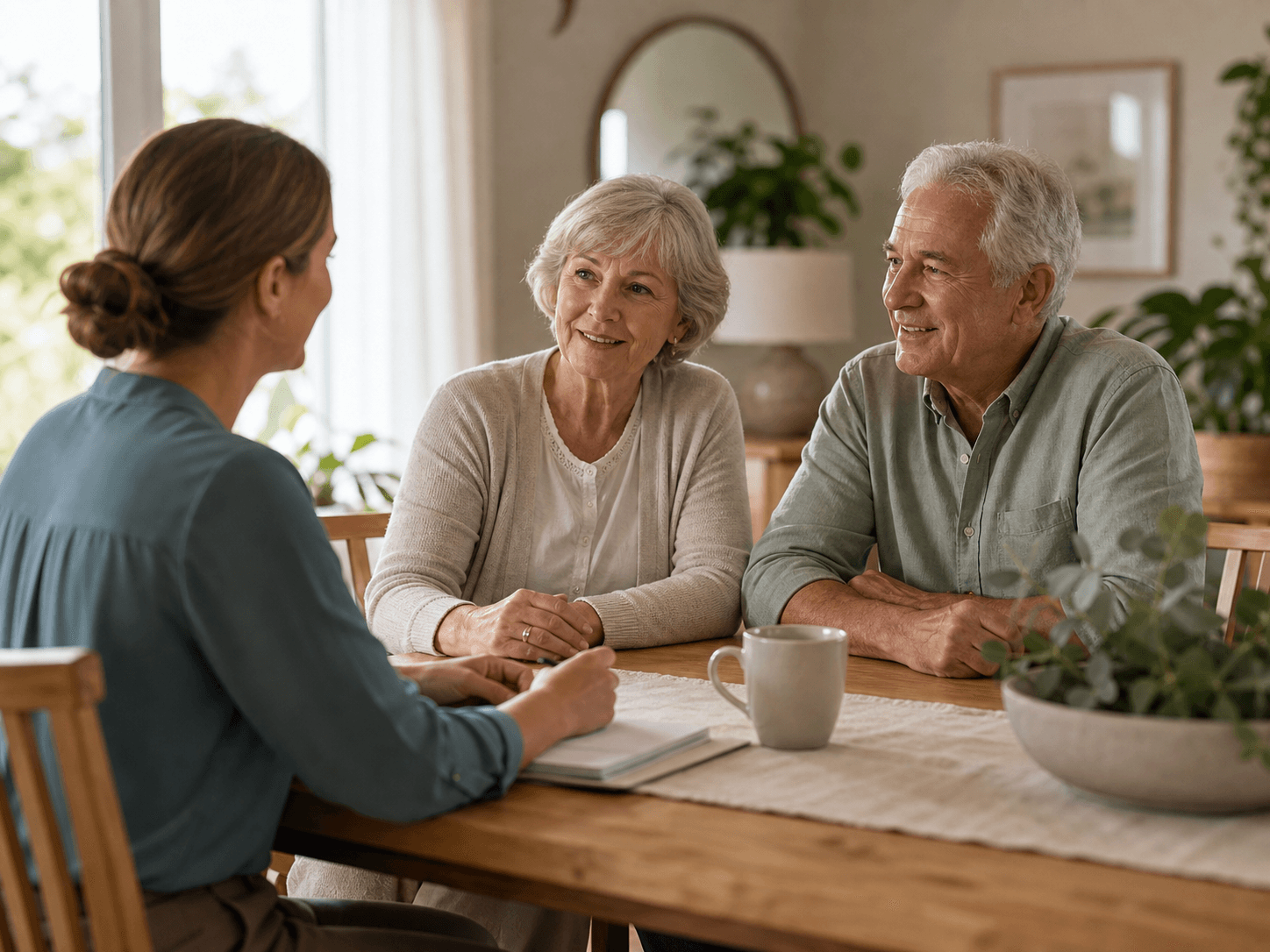 A care coordinator speaking with an older couple at home
